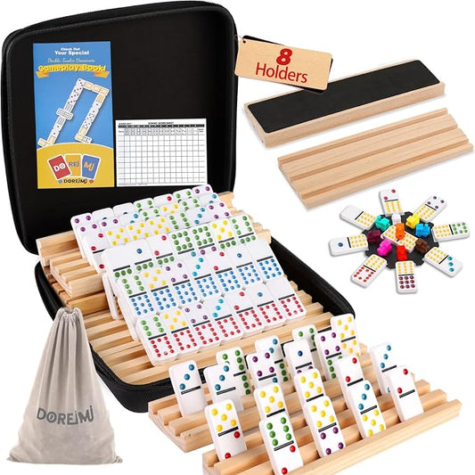 Doreimi Mexican Train Dominoes Set with 8 Wooden Holders, Double 12 Colored Dot Dominoes with Update Hub, Travel Domino Train Game with 91 Tiles and Portable Carry Case, Family Board Team Games