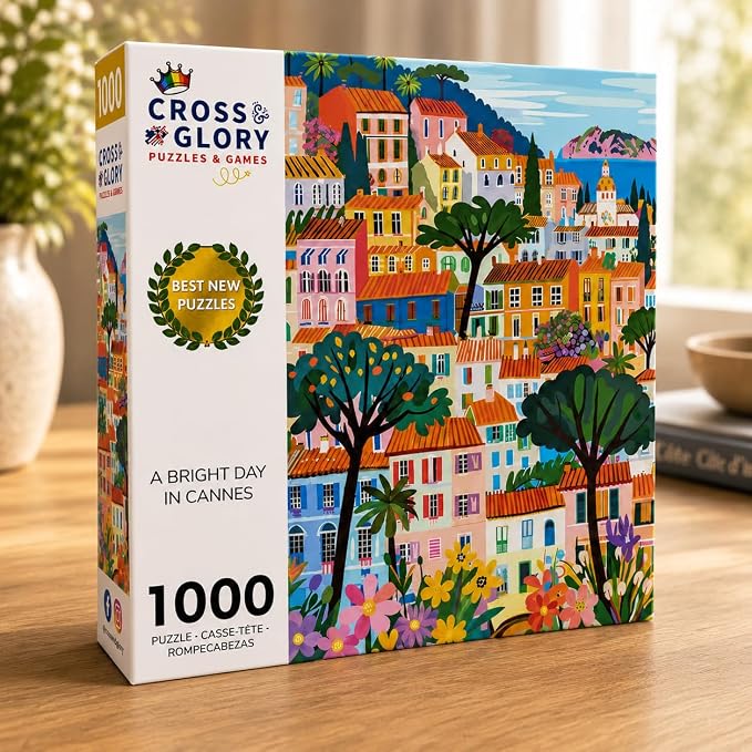 Cross & Glory – A Bright Day in Cannes – 1000 Piece Jigsaw Puzzle for Adults | Modern Folk Art French Riviera Scene | Minimalist, Colorful Travel Puzzle