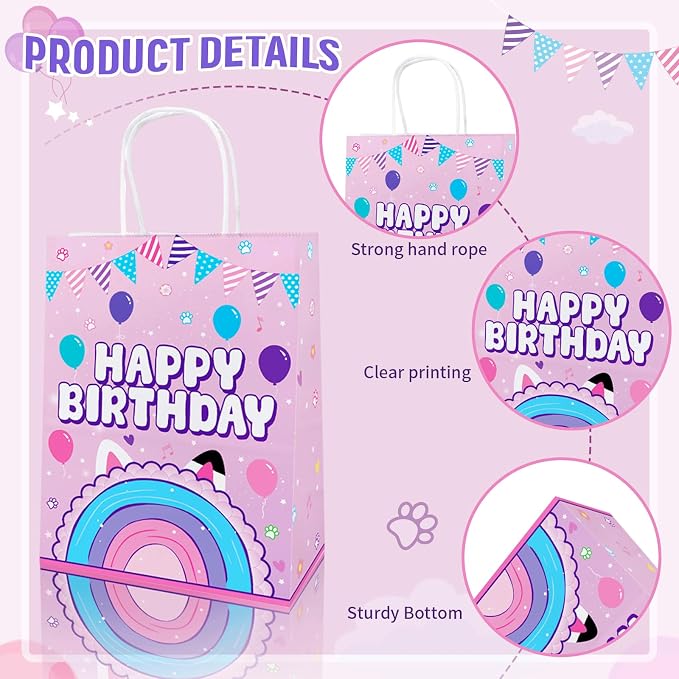 16PCS Dollhouse Gift Bags for Girls Kids Birthday 1st 2nd 3rd Cute Cat Themed Party Decorations Cartoon Cat Party Supplies Gifts Candy Paper Bags with Handles