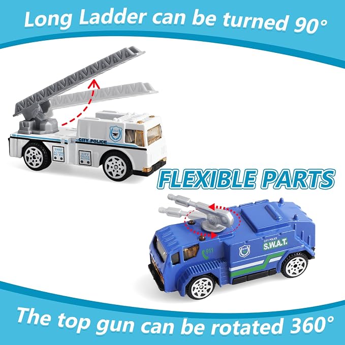 6 Pack Mini Die-cast Car 1/64 Scale Alloy Models Police Vehicle Set for Boys 3-5 6 7 - Ladder, Water Tower, Ambulance, Police Patrol Car & Transport Truck, Patrol - Kids Birthday Xmas Gift
