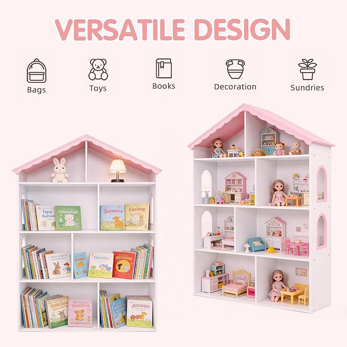 Kids Dollhouse Bookshelf and Toy Storage - Wooden Stand Dollhouse Bookcase with 3-Tier Storage Display, Bookshelf for Playing Room, Nursery, Gift for Boys Girls (8 Room - Pink with White)
