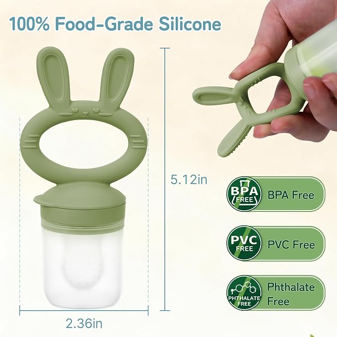 Baby Fruit Feeder Pacifier 2 Pack, Cute Bunny Silicone Food Feeder for Babies 4M+, BPA-Free Infant Teether for Fresh Fruit, Puree & Frozen Breastmilk, 4 Pouches
