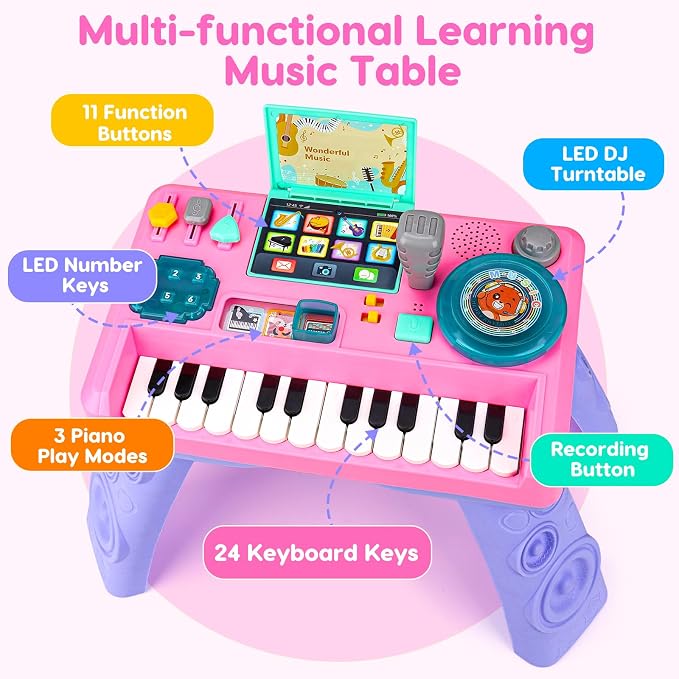 Baby DJ Table for Toddlers 1-3 with Music & Light, Musical Baby Piano Toys 6-9-12-18 Months Toddler Activity Table Music Instruments Learning Toys for 1 2 Year Old Girl First Birthday Gifts Age 0-2