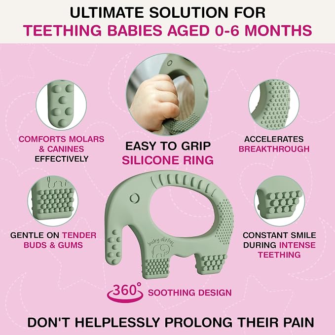Baby Elefun Baby Teething Toys 5X Pain Relief Zero Delay 0-6 Months, Olive