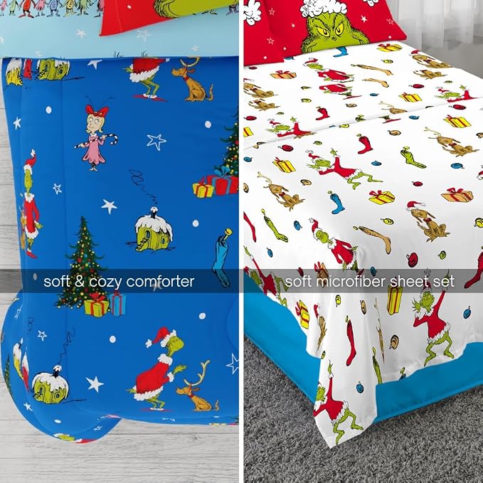 Grinch by Dr. Seuss Holiday & Christmas Bedding Soft Comforter and Sheet Set with Sham, 5 Piece Twin Size, (Official Dr. Seuss Product) By Franco