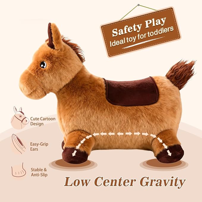 INPANY Bouncy Horse for Toddlers - Plush Brown Bouncing Horse Hopper, Ride on Animal Toys for Girls Boys, Outdoor Indoor Inflatable Horse Gifts - Plush Covered (Include Pump)