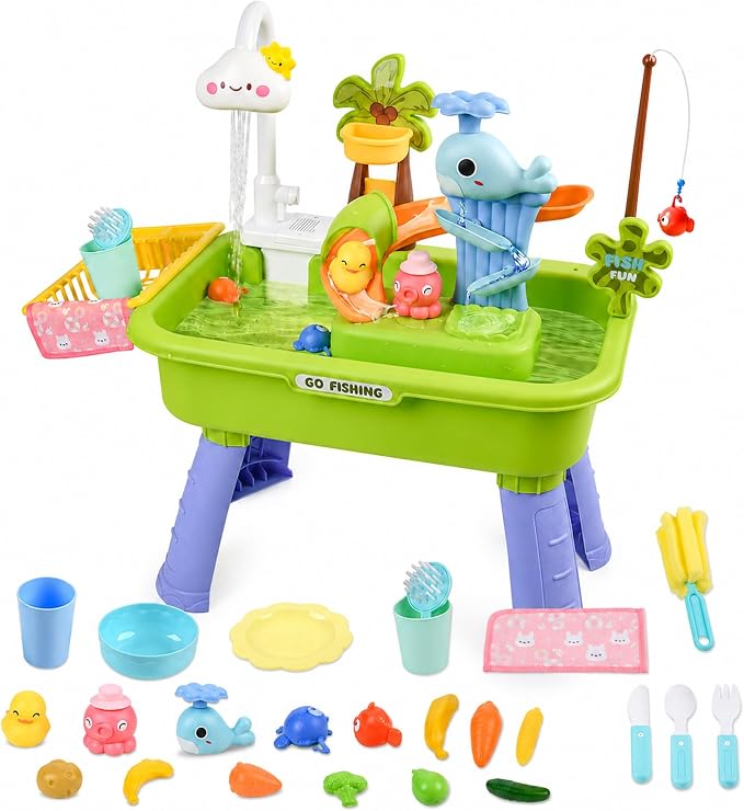 2026 Upgraded Water Table for Toddlers 1-3, Kids Sand Water Table Toy with Electric Water Pump, Kids Sand Water with Faucet/Play Food Accessories/Fishing Toy, Kitchen Play Sink Toy (Green)