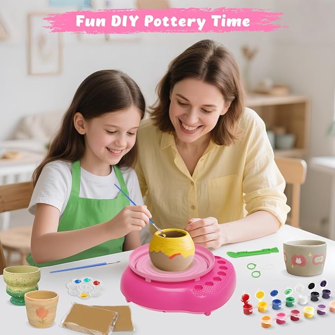 Pottery Wheel for Kids with Complete Clay Kit,Beginner Pottery Painting Set with Air Dry Clay,12 Paints,Sculpting Tools,Apron and Guide,Arts and Crafts Christmas Birthday Gift for Girls Boys Ages 6-12