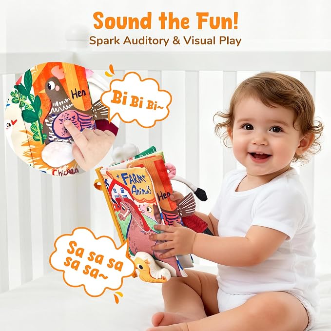JoyCat Baby Books 0-6-12 Months - Farm Tail Tummy Time Toys - Sensory Touch & Feel Crinkle Cloth Book with Detachable Duck - Newborn Easter Basket Stuffers