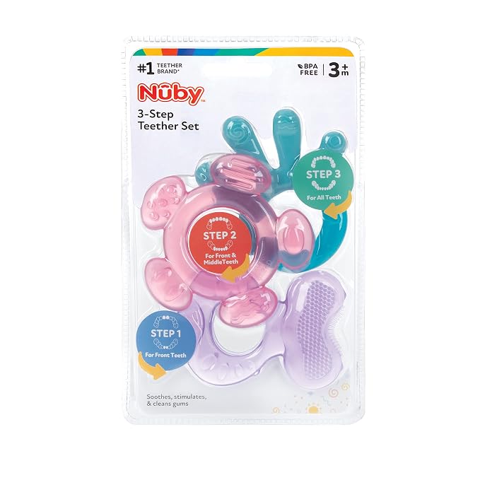 Nuby 3 Step Baby Teether Set for Teething Relief - 3 Count - Soft and Hard Teethers for Babies - Soothes Sore Gums - 3+ Months