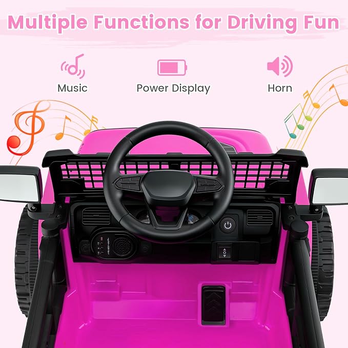 OLAKIDS 12V Ride On Truck, Battery Powered Electric Vehicle for Kids with Remote Control, Foldable Reflective Mirror, Spring Suspension, Music, LED Lights, Ride on Toy for 3+ Boys Girls (Pink)