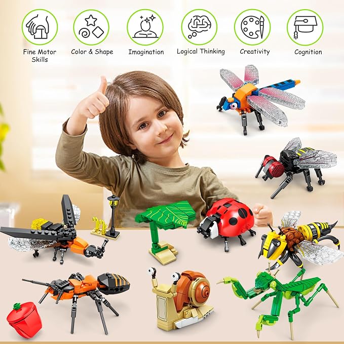 KAZI Bugs Building Toy Set,Insect Collection Building Blocks Including 8 Different Bug,STEM Toys for Kids Age 8 and Up,Play and Display Gift Idea for Boys & Girls,Easter Basket Stuffers