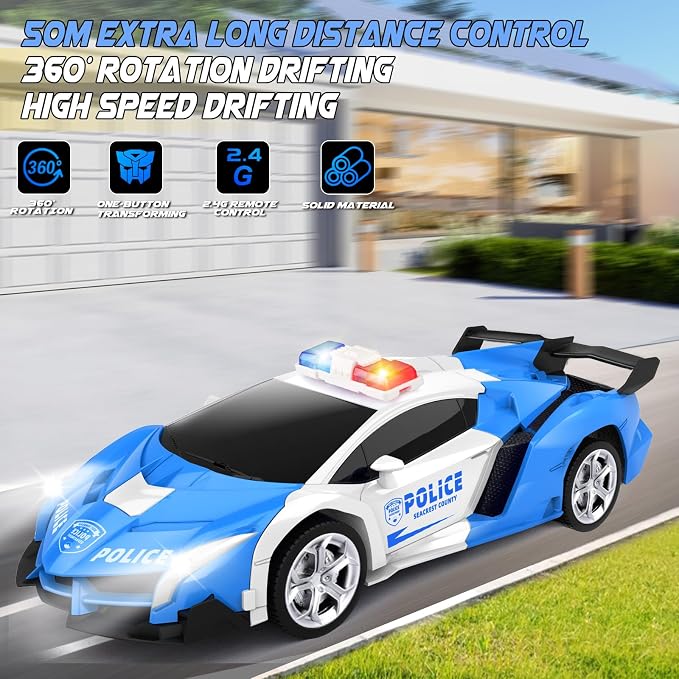 Transform Remote Control Car - Rc Cars, One-Button Transforming, 360° Rotation Drifting, 2.4ghz 1:18 Scale, Gift Kids Aged 4-6 Year Old Boys/Girls, Police Car Blue
