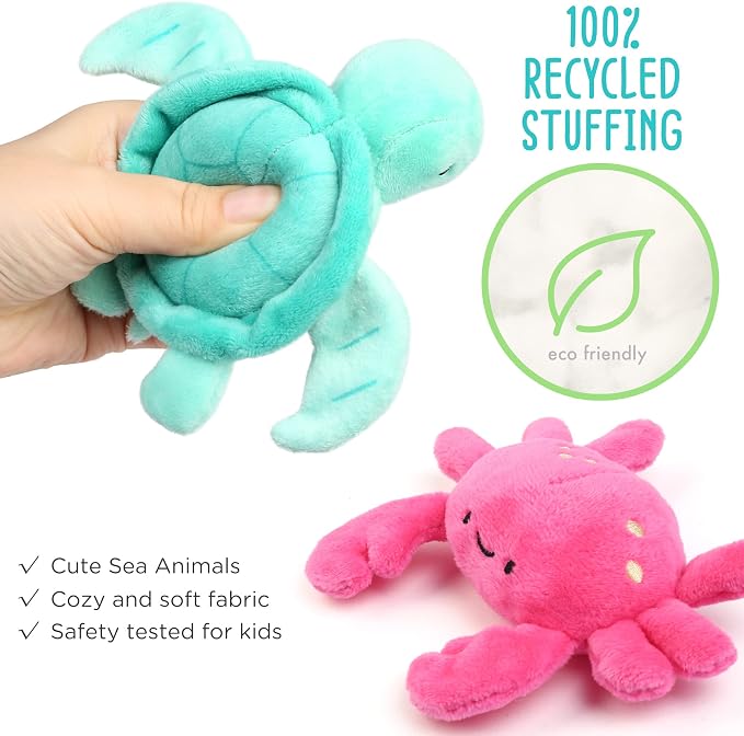 BenBen 5-Pack Ocean Stuffed Animal Set, Sea Creature Plush Toys with Shell Carrying Bag, Cute Plushies for Baby Toddler Kids, Sea Turtle, Octopus, Mermaid, Seahorse, Crab, Baby Shower Party Favors