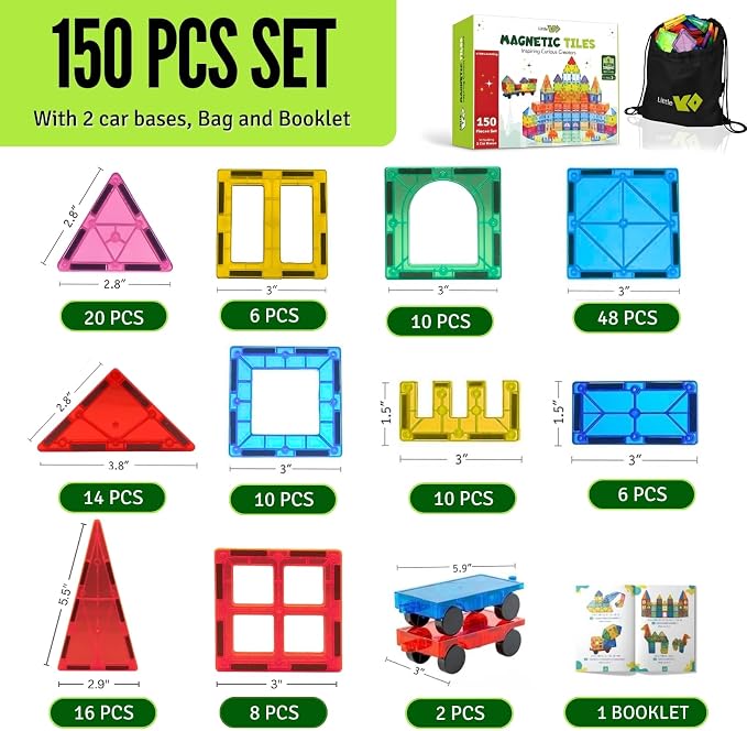 Magnetic Tiles 150 PCS with 2 Cars Bases, STEM Magnet Building Tiles for Kids Ages 3-12, Educational Building Magnets Toys, Creative Construction, Preschool Learning & Play for Childs