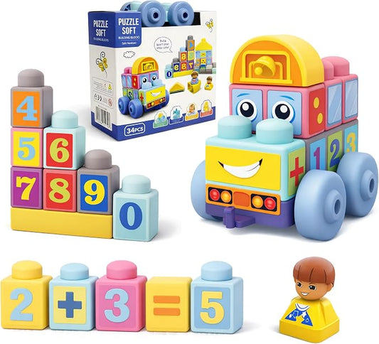 Baby Blocks, 34PCS Soft Building Blocks for Babies 12M+ | Soft Easy-Grip Blocks, Build Cars, Houses & Number Shapes, Colorful Puzzle Blocks, Early Learning Gift for Babies 12M+