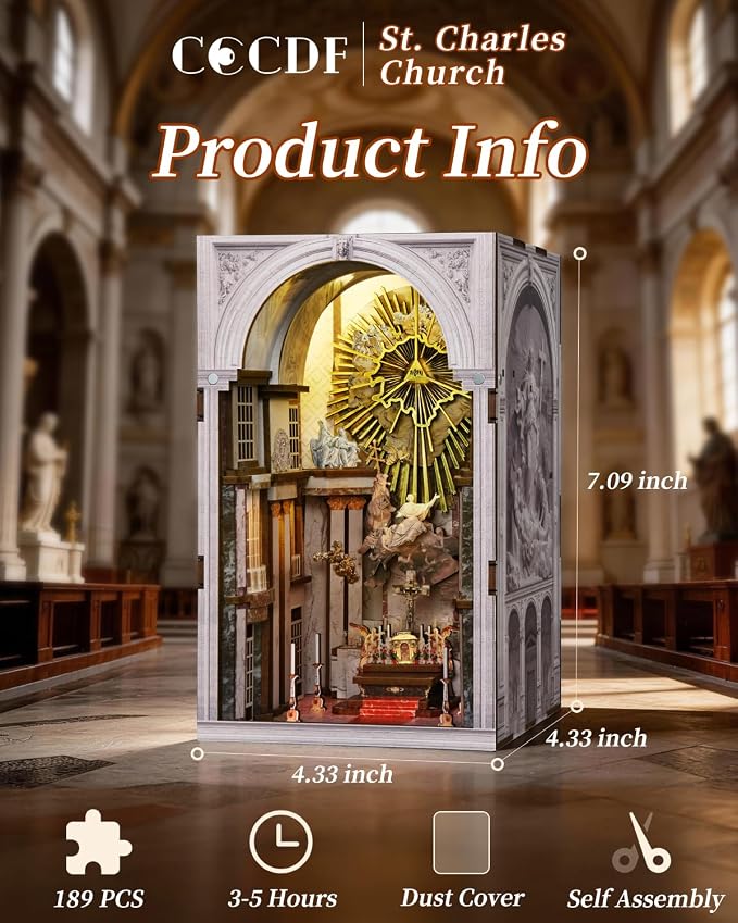 CCCDF DIY Book Nook Kit, Wooden Miniature Dollhouse with LED Light & Dust Cover, 3D Wooden Puzzle Craft for Adults, Religious Architecture Bookshelf Decor (St. Charles Church)