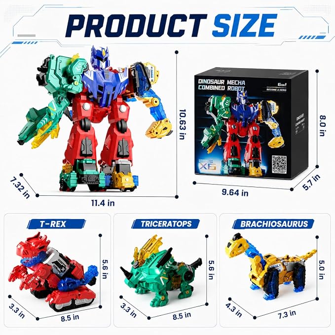 Magnetic Dinosaur Transforming Robot Toys, 6-in-1 Dino Construction Trucks for Kids, Magnetic Car Toys for Boys Girls Age 3 4 5 6 7 8, STEM Educational Christmas Building Gift