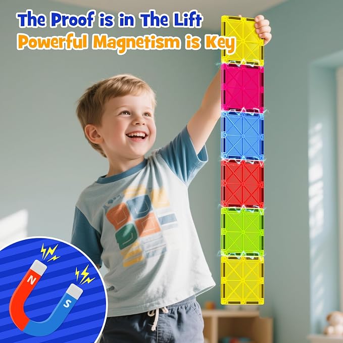 Jumbo Magnetic Tiles with Secure Metal Case, 32 Pcs Large Magnetic Building Blocks for Kids 3-8, STEM Toys for Toddlers, Preschool Learning Montessori Toys, Age 3+ Boy Girl Gift