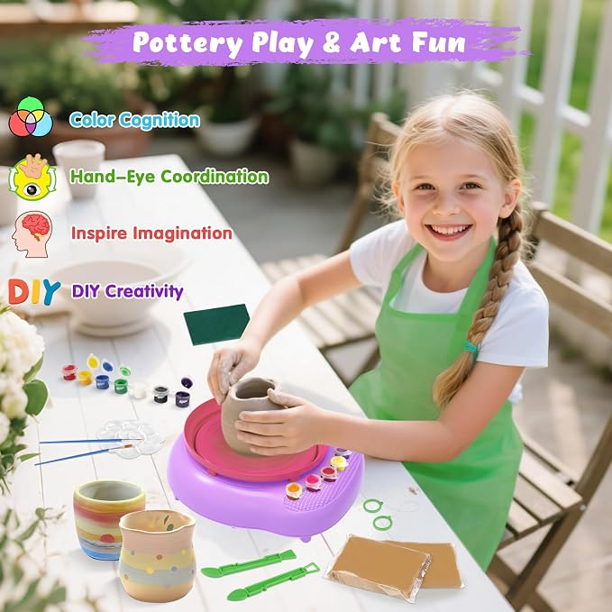 Pottery Wheel for Kids with Complete Clay Kit,Beginner Pottery Painting Set with Air Dry Clay,12 Paints,Sculpting Tools,Apron and Guide,Arts and Crafts Christmas Birthday Gift for Girls Boys Ages 6-12