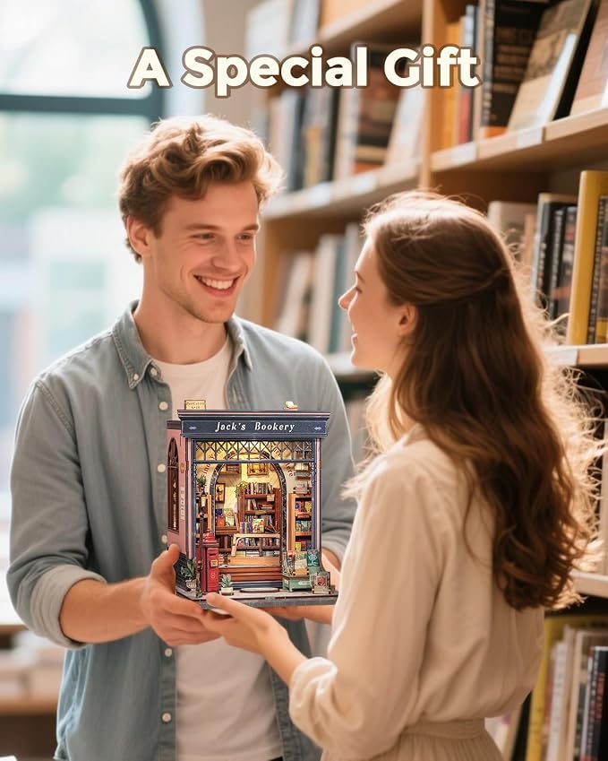 CUTEBEE Book Nook Kit - DIY Miniature House Dollhouse Kit for Adults and Teens, Booknook Tiny House Bookshelf 3D Wooden Puzzle, Gifts for Family (Jack's Bookery)
