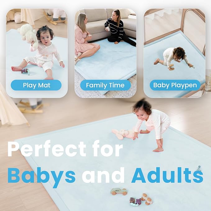1.3" Thick Baby Play Mat for Floor, 28x72 Foam Tummy Time Mat, Padded Support Soft Plush Bedside Rugs for Infant Kids Toddler Crawling Kick Activity (Ice Blue)