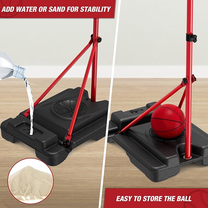 HYES 4 in 1 Kids Basketball Hoop and Tball Set for Toddlers 3-5, Adjustable Hanging Tee Ball Stand with Automatic Baseball Pitching Machine, Indoor Outdoor Sport Toys Birthday for Boys