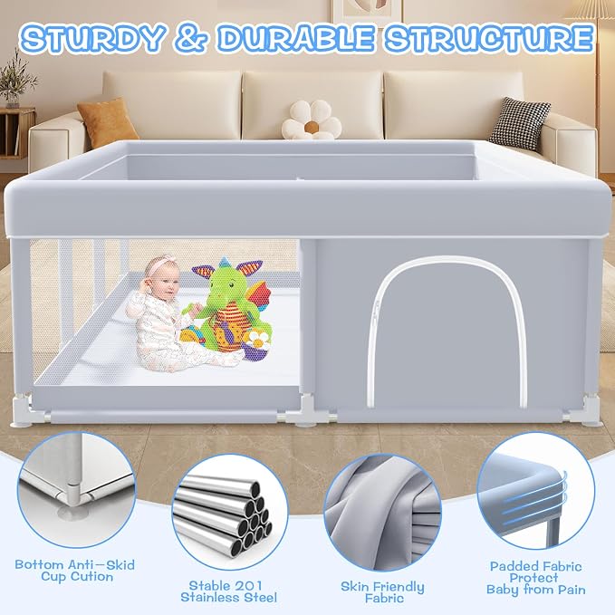 XVISHX Baby Playpen 74 x 50 Inch Play Pen Playards, Playpen for Babies and Toddlers, Baby Playard for Indoor & Outdoor Active Center Game Fence, with Skin-Friendly Fabric and Soft Breathable Mesh Grey