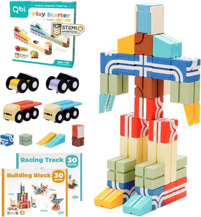 QBI Magnetic Blocks Play Starter Set – STEM Magnet Building Toys for Kids Ages 3-5, 4-in-1 Race Car Track with 4 Cars & 2 Ramps, Birthday Gift (36 PCS)