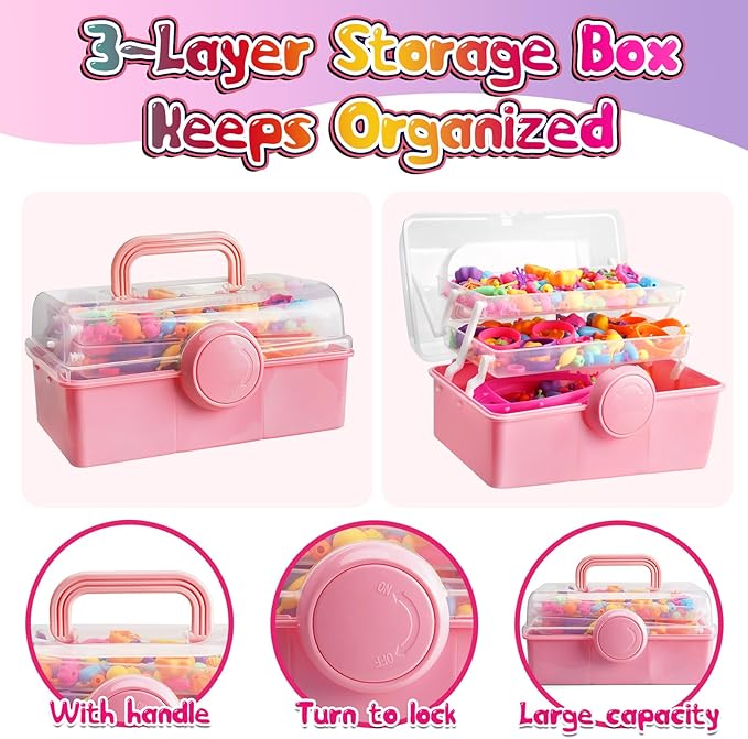 FUNZBO 850pcs Pop Beads - Jewelry Making Kit for 3 4 5 6 7 8 Year Old Little Girls, Arts and Crafts Toys for Kids, Necklace Bracelet Ring Hairband Creativity Snap Set, Birthday Gifts for Kids