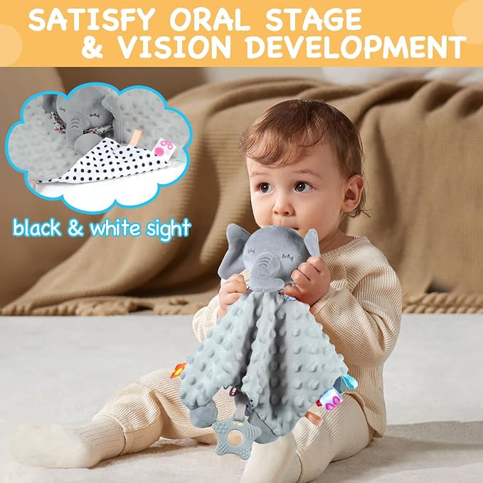 Elephant Security Blanket with Tags Teether Animal Taggie Soft Baby Blankets for Boys and Girls Baby Stuff for Newborn Toys Snuggle Baby Lovey Dotted Blanket Animal Soothing Crib Toy