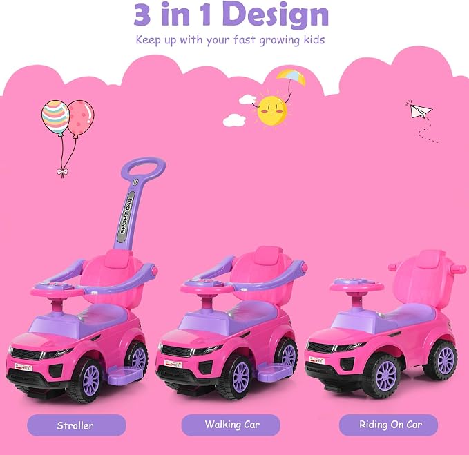 Costzon 3 in 1 Ride on Push Car, Stroller Sliding Walking Car with Horn, Music, Light, Under Seat Storage, Parental Handle, Armrest Guardrails, Ride on Toy for Boys & Girls (Pink)