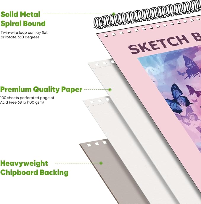Soucolor Sketch Book 9" x 12" for Kids, Cute Sketchbook 100 Sheets Spiral Notebook Drawing Pad for Girls, Pastel Girls' School Art Supplies for Beginner Artists, Arts and Crafts Gifts Set for Kids