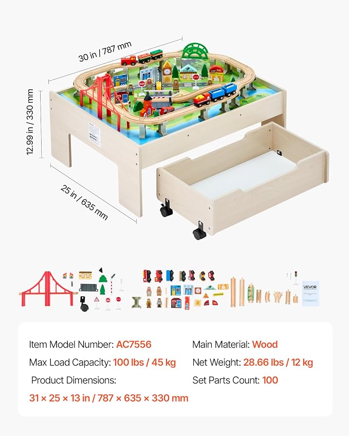 VEVOR Train Table, 100 Multicolor Pieces Wooden Kids Activity Table with Rolling Storage Drawer, 3-in-1 Wooden Train Set for Gaming, Drawing, Reading, Eating, Creative Toy Set for Kids Ages 3+