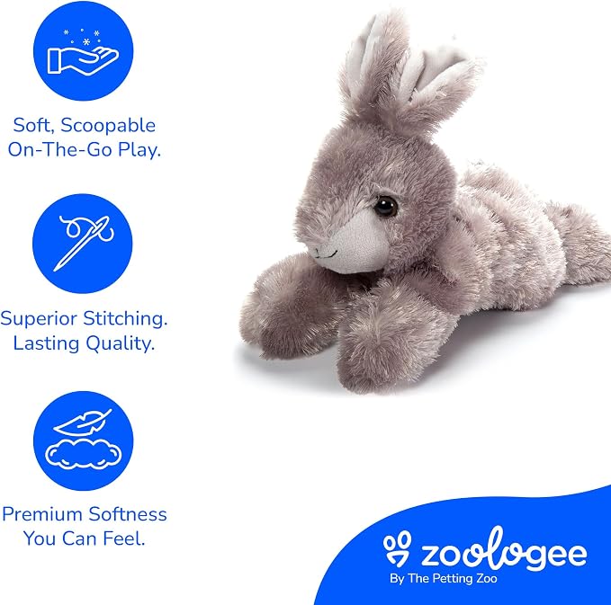 The Petting Zoo Rabbit Stuffed Animal Plushie, Gifts for Kids, Scoopz Wildlife Animals, Grey Bunny Plush Toy, 8 inches