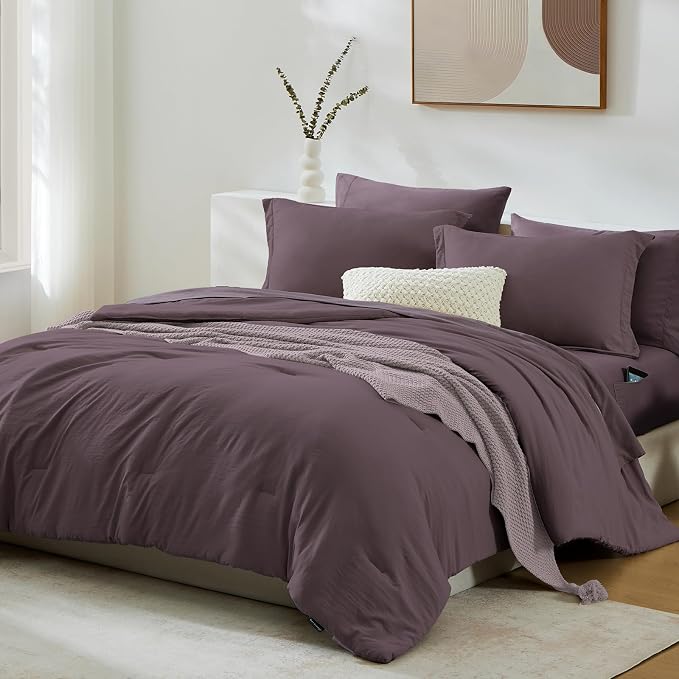 WRENSONGE Super King Comforter Set - 7 Pieces Artic Plum Soft Bed in a Bag Super King with Fitted Sheet, Flat Sheet, 2 Pillow Shams, and 2 Pillowcases- Warm Bedding Sets for All Season