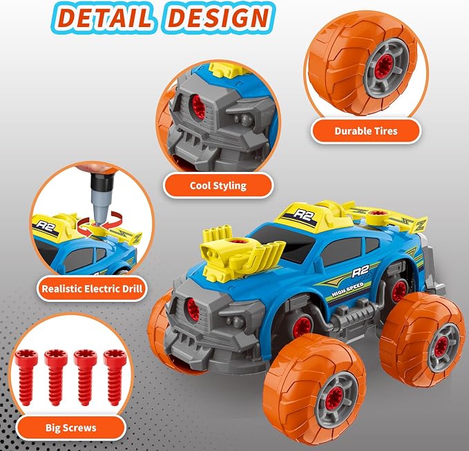 Pup Go 3-in-1 Construction Car for Boys Ages 3+ Years Old, Take Apart Car with Electric Drill, 46 Pcs Cars Building Kit, Build Your Own Toy Cars with Tools, Ideal STEM Present for Kids Children(Blue)