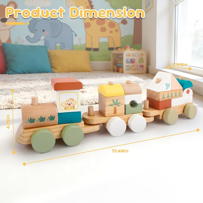 Freniland Wooden Train Set 18PCS Blocks Train Toy DIY Educational Building Stacking Train Gift for Toddlers 18M+