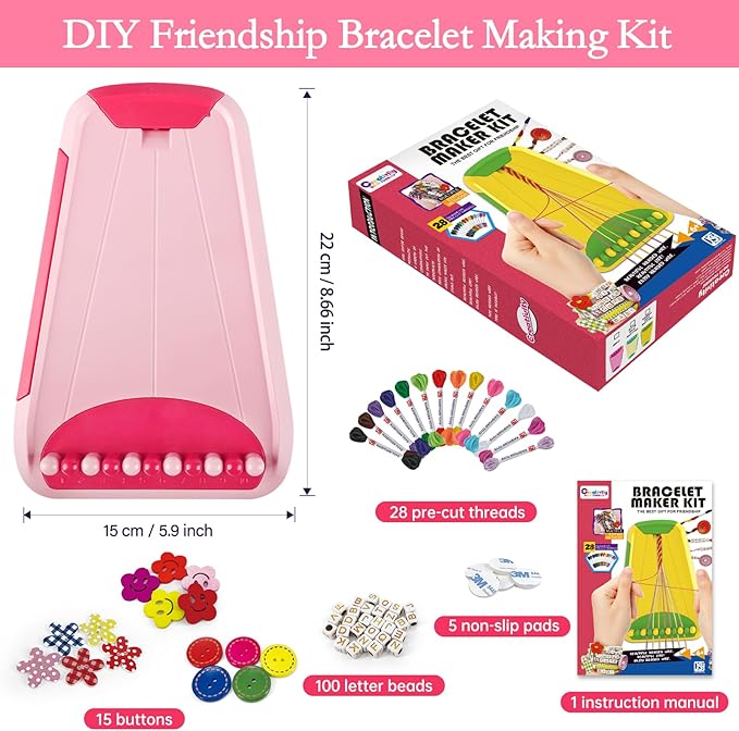 Rdfmy Friendship Bracelet Making Kit for Girls — DIY String Bracelet Maker with Letter Beads, Arts and Crafts Jewelry Kit for Kids Ages 6-12, Birthday Summer Camp Gifts for Teens Pink with Red
