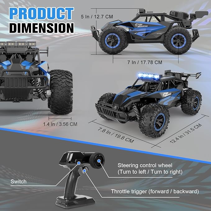 kolegend Remote Control Car 2.4GZh High Speed 25km/h RC Monster Trucks 50+min with LED Headlight and Rechargeable Battery for Boys Girls Kids