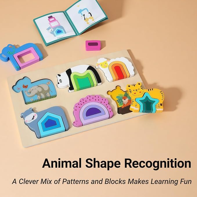 Montessori Wooden Stacking Puzzle Toys，Shape Sorter Toys with 6 Animals & Colors, Educational Preschool Learning Sorting Toy for Boys Girls