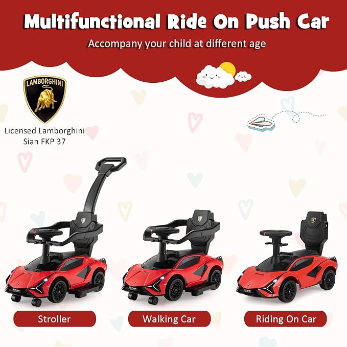 INFANS 3 in 1 Ride on Push Car, Licensed Lamborghini Baby Stroller Sliding Walking Car with Parent Control Handle, Music, USB, Headlight, Under Seat Storage, Foot-to-Floor Toy for 18-60 Months (Red)