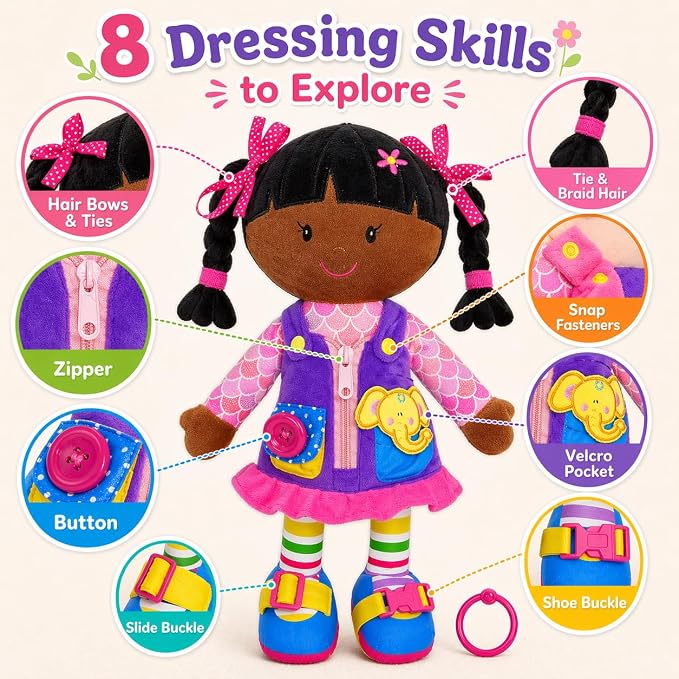 June Garden 15.5" Dressy Friends Scarlett - Educational Stuffed Plush Doll for Kids and Toddlers 2 Years and Up - Montessori Buckle Soft Toy