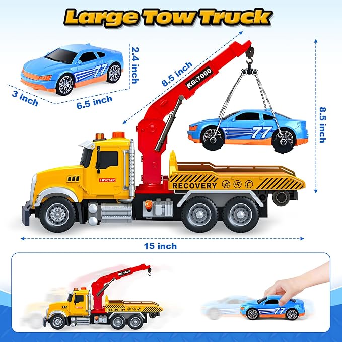 Kids Toys for 3 4 5 6 7 Years Old Boys, 15" Large Tow Truck Toy, Friction Powered Transport Truck Crane Vehicle Toy with Lights and Sounds, Racing Car, Traffic Signs, Birthday Gifts for Boys Girls