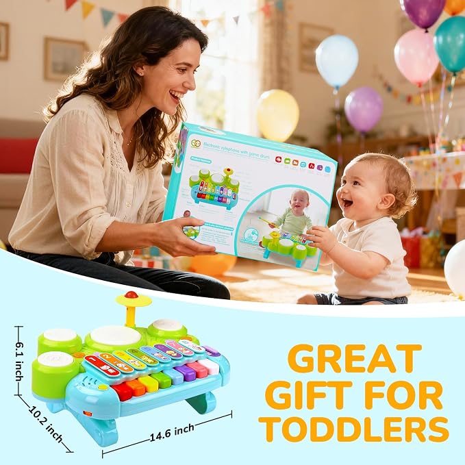 Baby Piano Drum Set for Toddlers 1-3, Musical Toys 3 in 1 Baby DJ Table Piano Keyboard Xylophone Drum Instruments for 1 2 Year Old Boys Girls Music & Light Activity Table Babies First Birthday Gifts