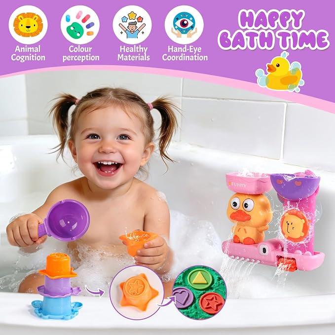 Toddler Bath Toys for Kids Ages 1-3 Waterfall Bathtub Toys for Toddlers 2-4 | with 3 Stacking Cups No Mold Baby Bath Toys Interactive Duck Shower Toys for 1+ Year Girl Gifts with Strong Suction Cups Pink