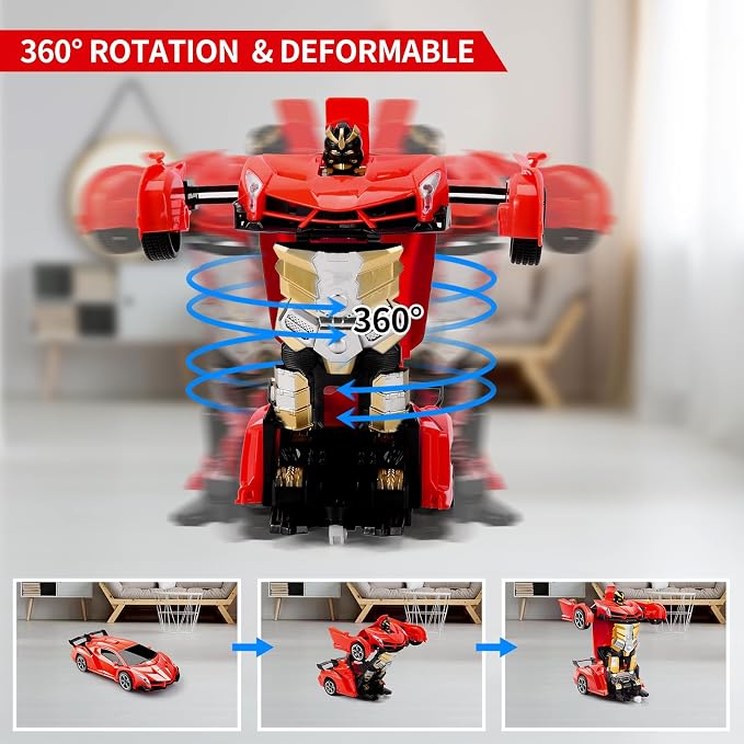 Blackma Remote Control Car - Transform, One-Button Deformation & 360°Rotating Drifting, Transform Robot RC Car with LED Light, Toy Gifts for 4 5 6 7 8 9 10 11 12 Years Old Boy (Red)