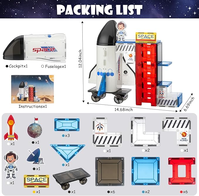 VROGTIK Magnetic Tiles 30 PCS Space STEM Building Blocks Set, Rocket Ship & Space Station Magnetic Construction Toy with Astronaut Figure, Educational Toy for Kids Ages 3-8