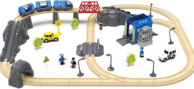 Battery Operated Wooden Train Track Set Toy High Speed for Toddlers 3 4 5 Years Old Boys Kids Magnetic Couplings City Vehicle with Figures
