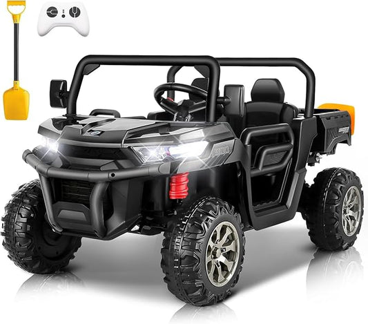 24V 4WD Ride on Car Dump Truck w/4X200W Motor, 2 Seaters, Gift Flower, 2.4G Remote Control, Bluetooth Music, LED Light, 24 Volt Ride on Toy Cars for Big Kids, Black
